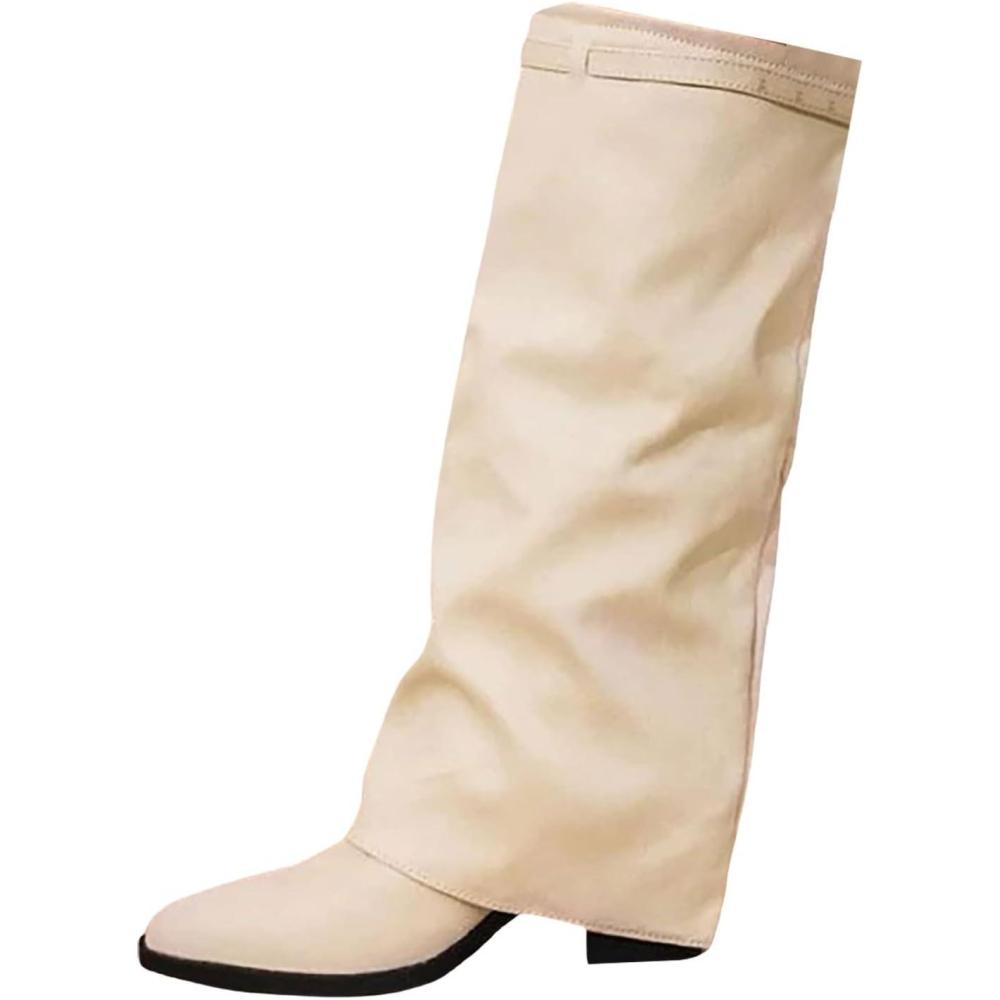image:imageBottine Pour Femmes Avec Talon Large Bas Bottines Chaude Cuir Bottines De Neige Impermable MiMollet Avec Fermeture Eclair Chaussures Boots Dhiver Moto Comfortable Chaussures De Travail ChicBeige