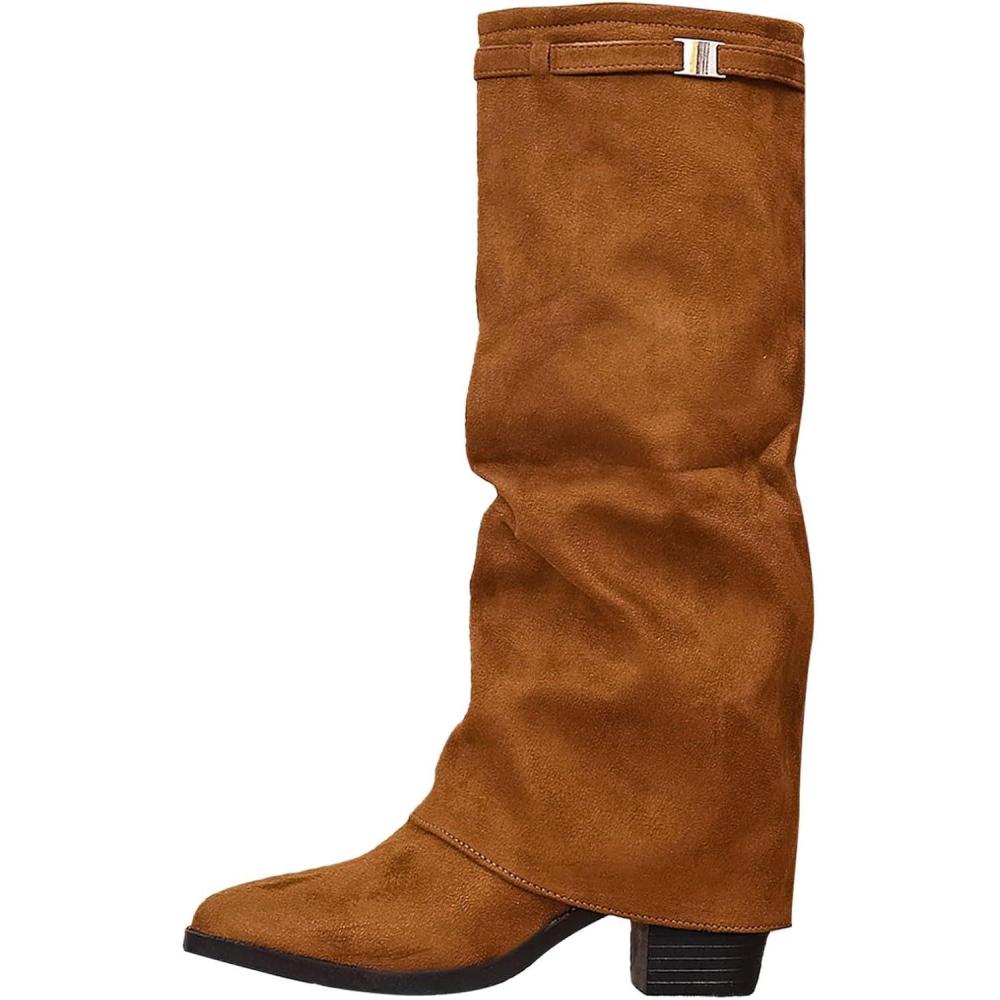 image:imageBottine Pour Femmes Avec Talon Large Bas Bottines Chaude Cuir Bottines De Neige Impermable MiMollet Avec Fermeture Eclair Chaussures Boots Dhiver Moto Comfortable Chaussures De Travail ChicBrown