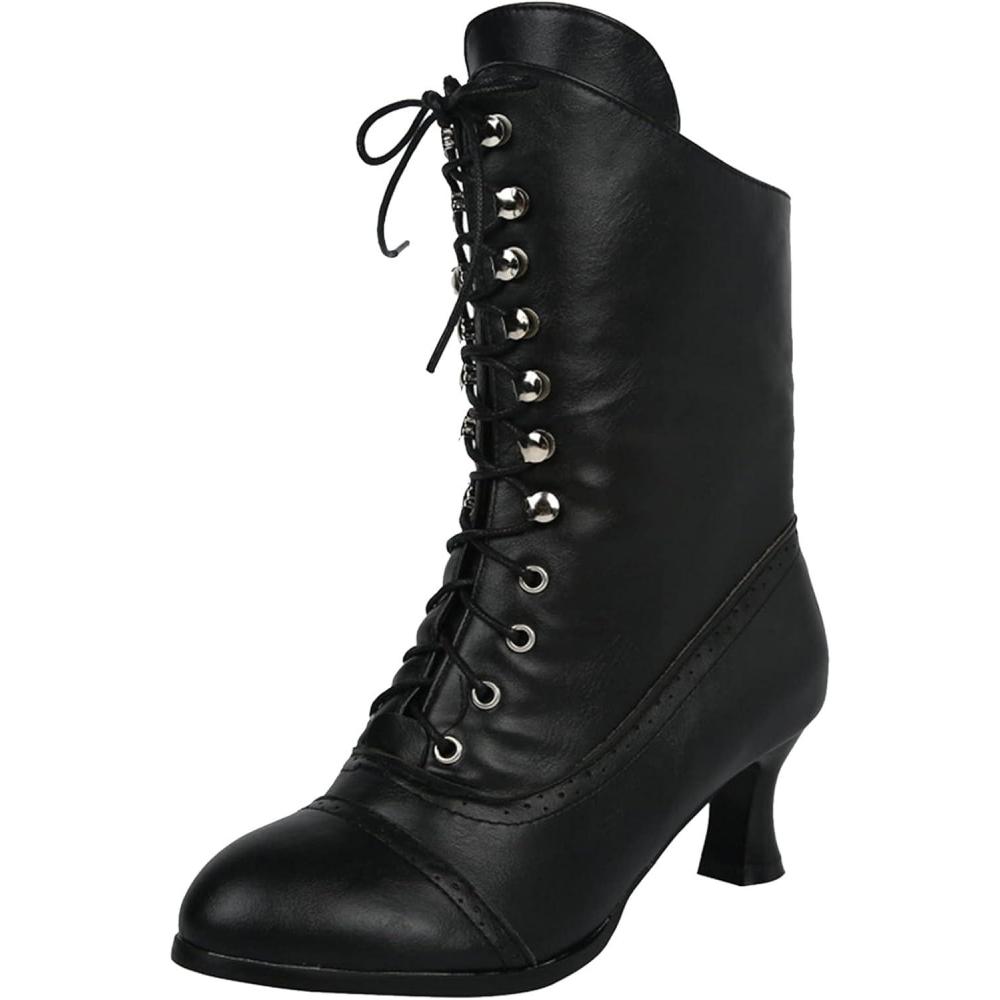 image:imageBottines lacets pour femme Style gothique Rtro Mimollet Chaussures britanniques en cuir Talon bas Steampunk Western Bout pointu Talon bloc Bottines victoriennes avec talon Noir