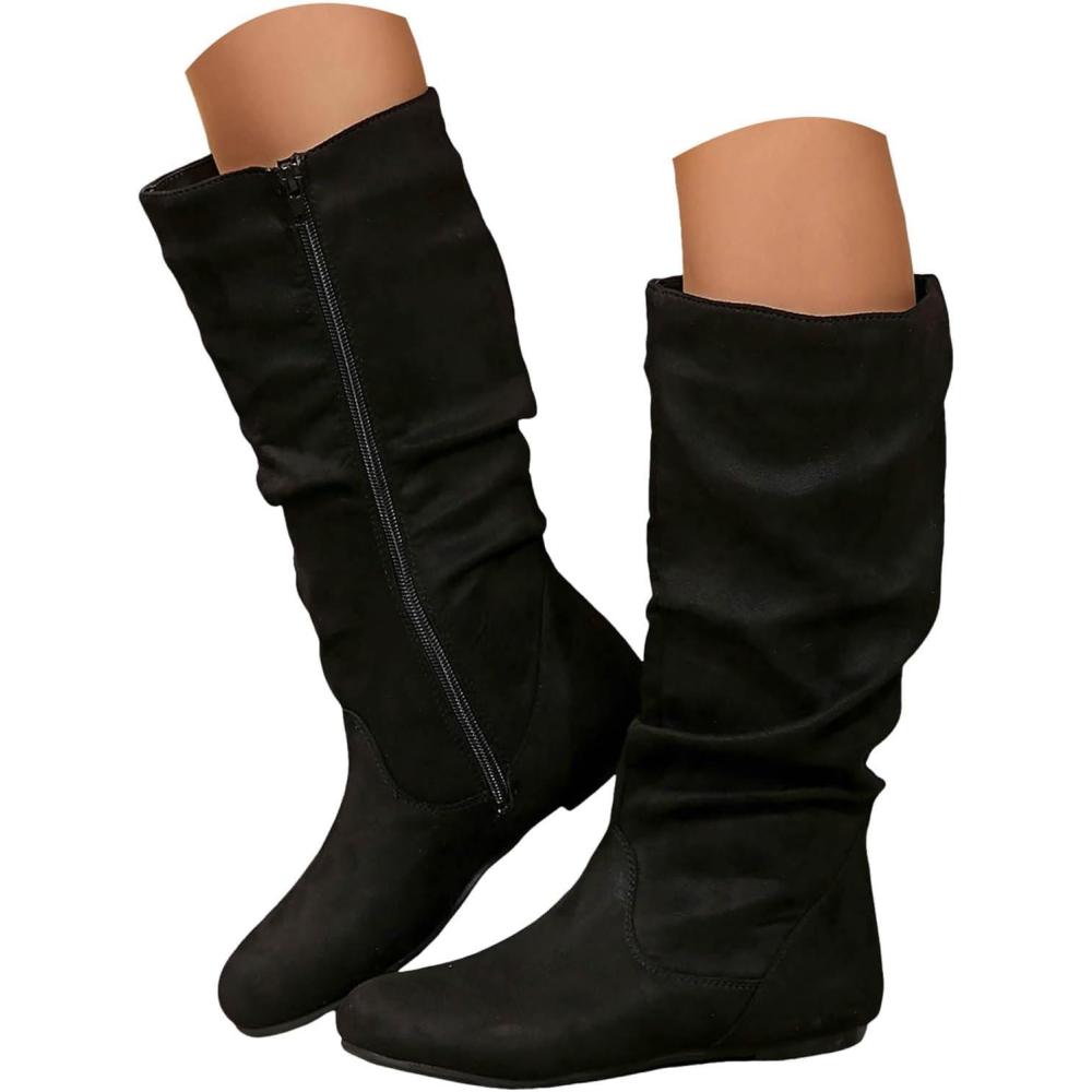 image:imageBottines Larges en Daim pour Femme Bout Pointu Talon Bas Bottines Chaudes ImpermAble Confortable Sans Lacet Bottes miMollet Enfiler avec Boucle Bottes de Marche Confortables et Lgres