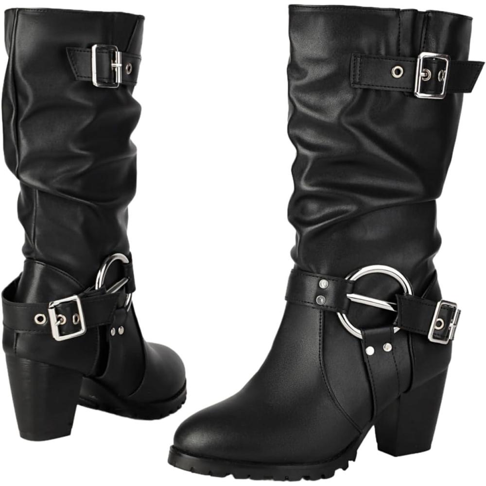 image:imageBottines Pour Femme lgantes Confortables Cuir Synthtique MiMollet Avec Talon Carr Et Boucle Style Chevalier Grande Taille Bout Rond Bottines Motardes Pour Soires En Plein AirNoir