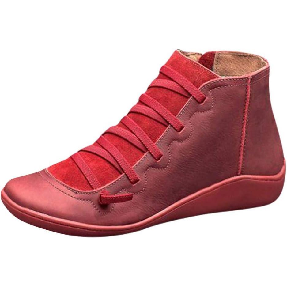 image:imageBottines larges lacets pour femme Bottes orthopdiques vintage en cuir Fermeture clair latrale Tendance Antidrapantes Pour lhiverRouge