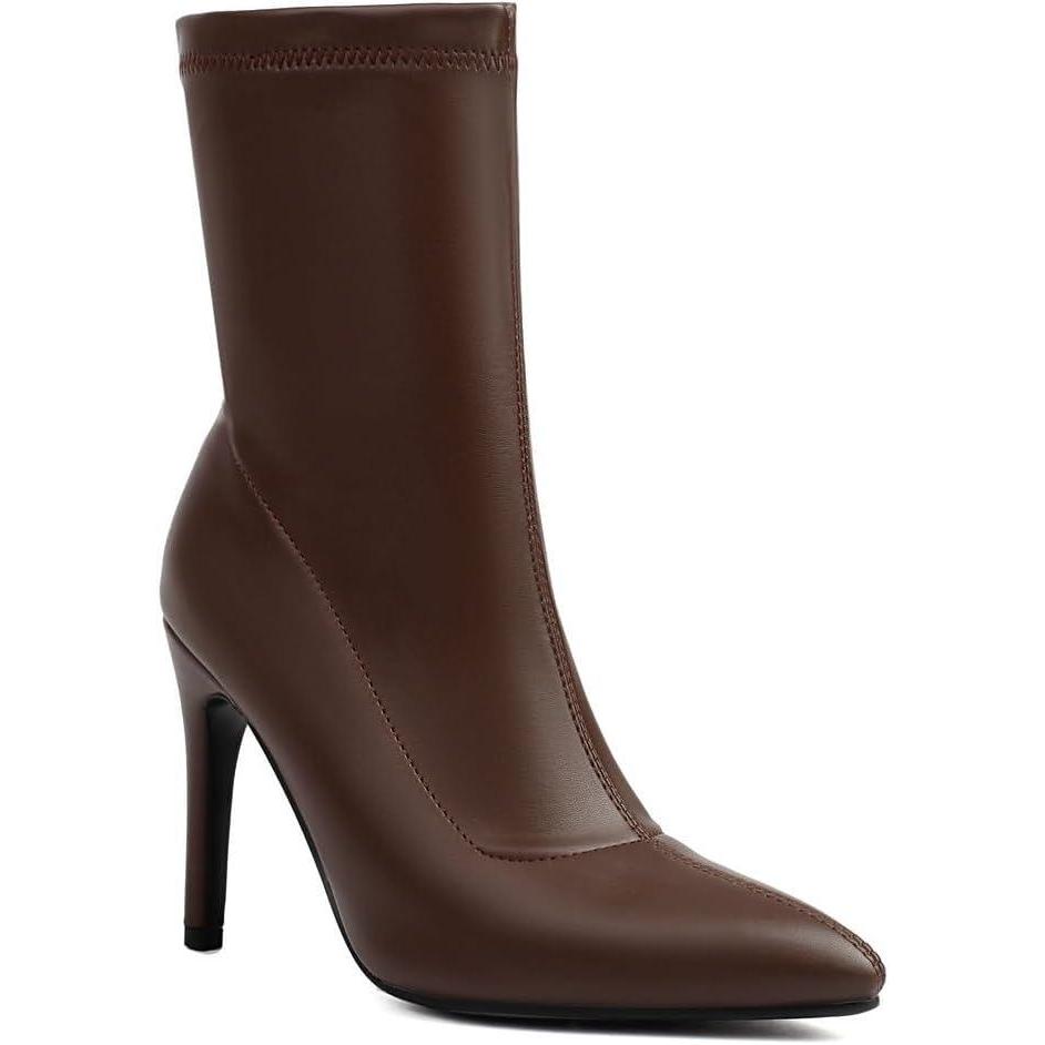 image:imageFemmes Talons Hauts Aiguilles Bottes MiMollet Bout Pointu Cuir PU Bottes Courtes Bottines EnfilerBrown