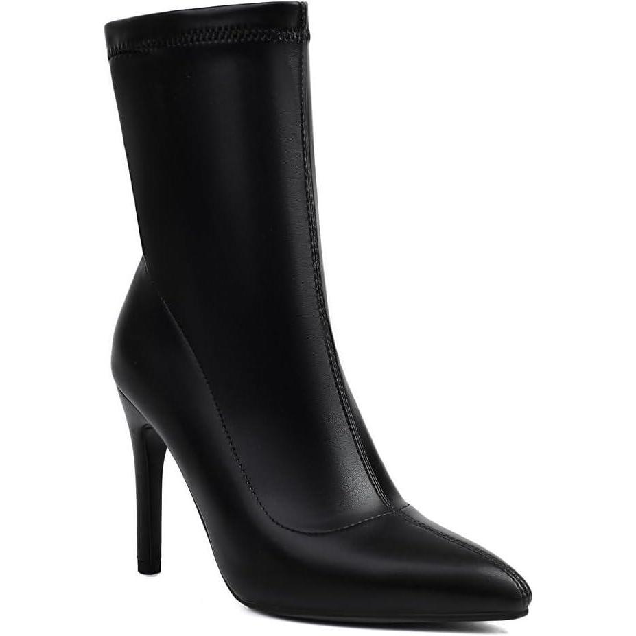 image:imageFemmes Talons Hauts Aiguilles Bottes MiMollet Bout Pointu Cuir PU Bottes Courtes Bottines EnfilerNoir