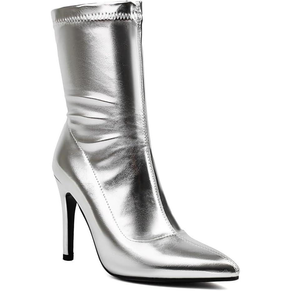 image:imageFemmes Talons Hauts Aiguilles Bottes MiMollet Bout Pointu Cuir PU Bottes Courtes Bottines EnfilerSilver
