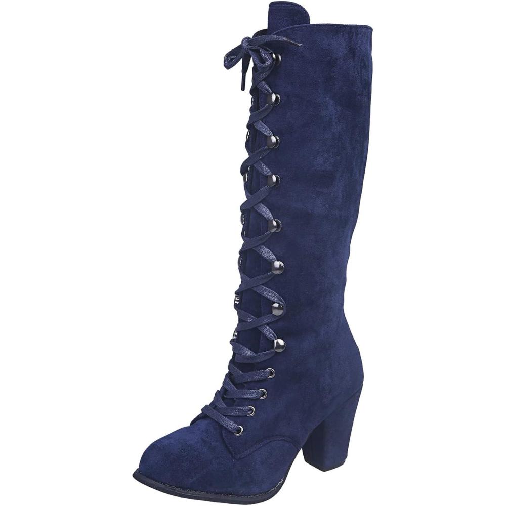 image:imageGenerisch MidCalf Bottes larges pour femme avec mollet large Couleur unie Antidrapantes Avec lacets Rtro Talons pais Bottines mimolletBleu