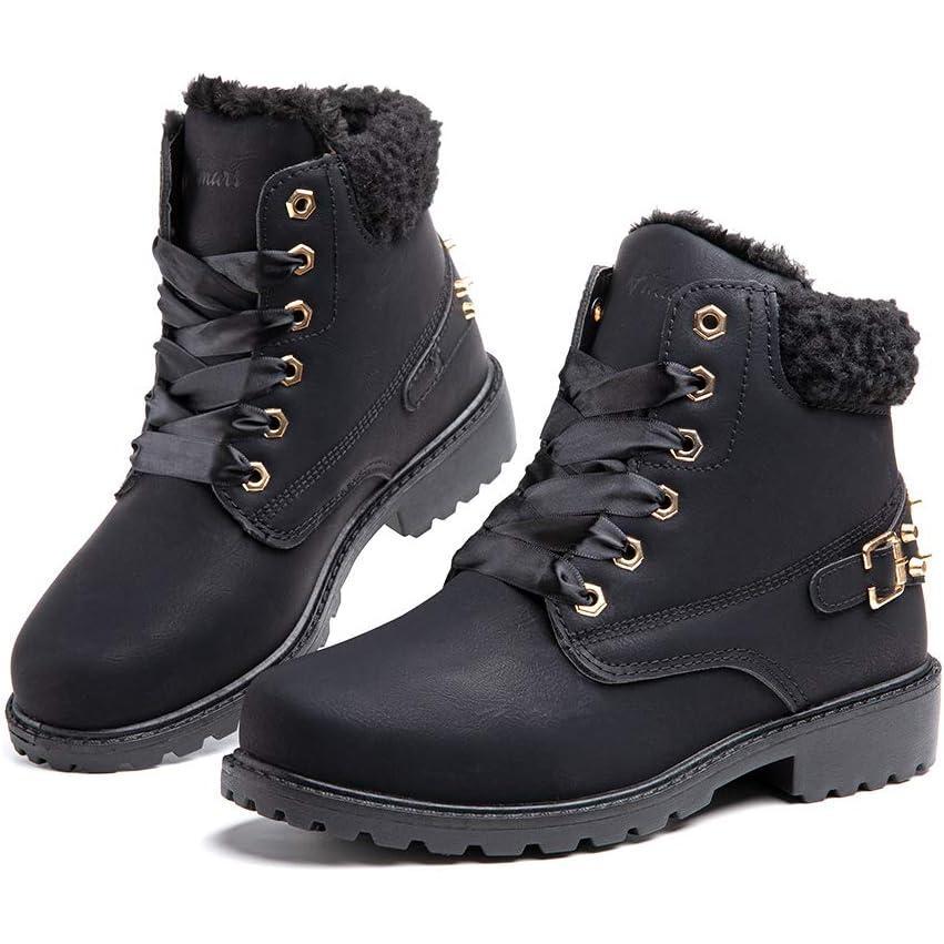 image:imageHitmars Botte Femme Hiver Fourrure Bottines Neige Plates Snow Boots Chaudes Chaussures Montantes a Lacet Antidrapant Mode Noir Marron Gris Rose 3643 EU1 Noir