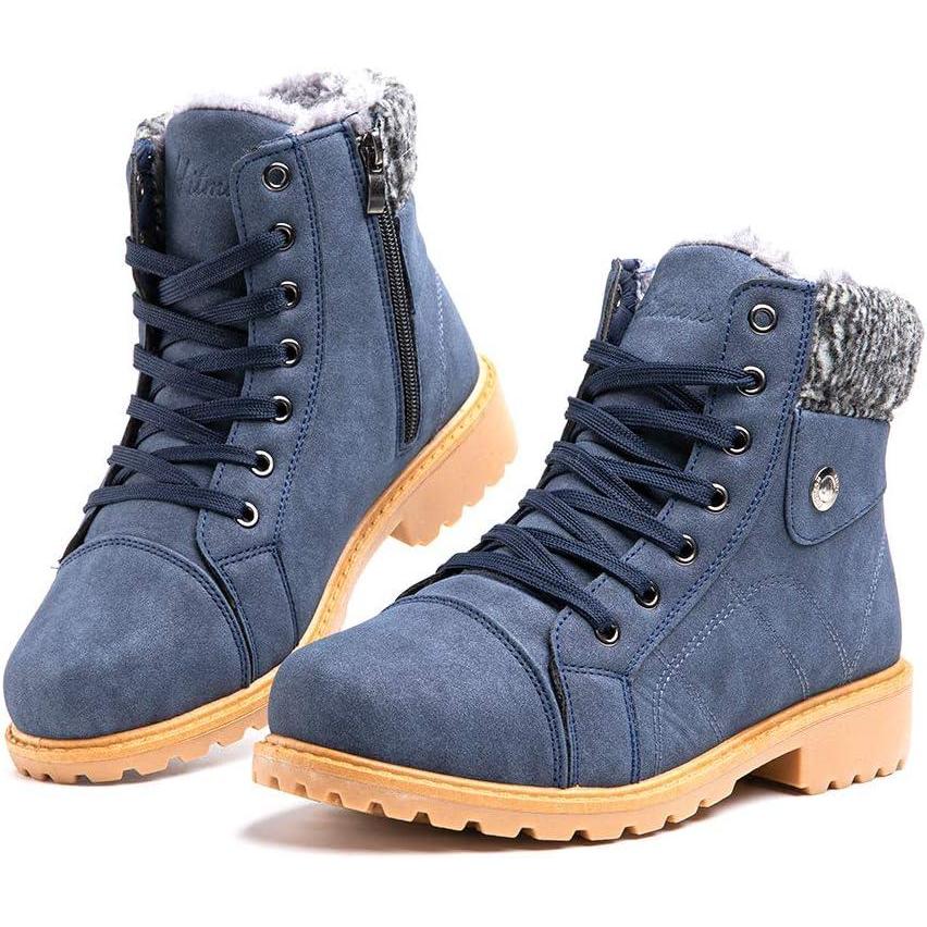 image:imageHitmars Botte Femme Hiver Fourrure Bottines Neige Plates Snow Boots Chaudes Chaussures Montantes a Lacet Antidrapant Mode Noir Marron Gris Rose 3643 EU3 Bleu