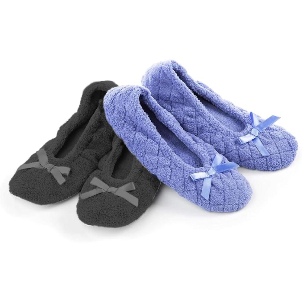 image:imageIsotoner 2 Pack Microterry Ballerina Slippers With Satin Bow Suede Sole And Terry Lining BallerinesFemmeGray