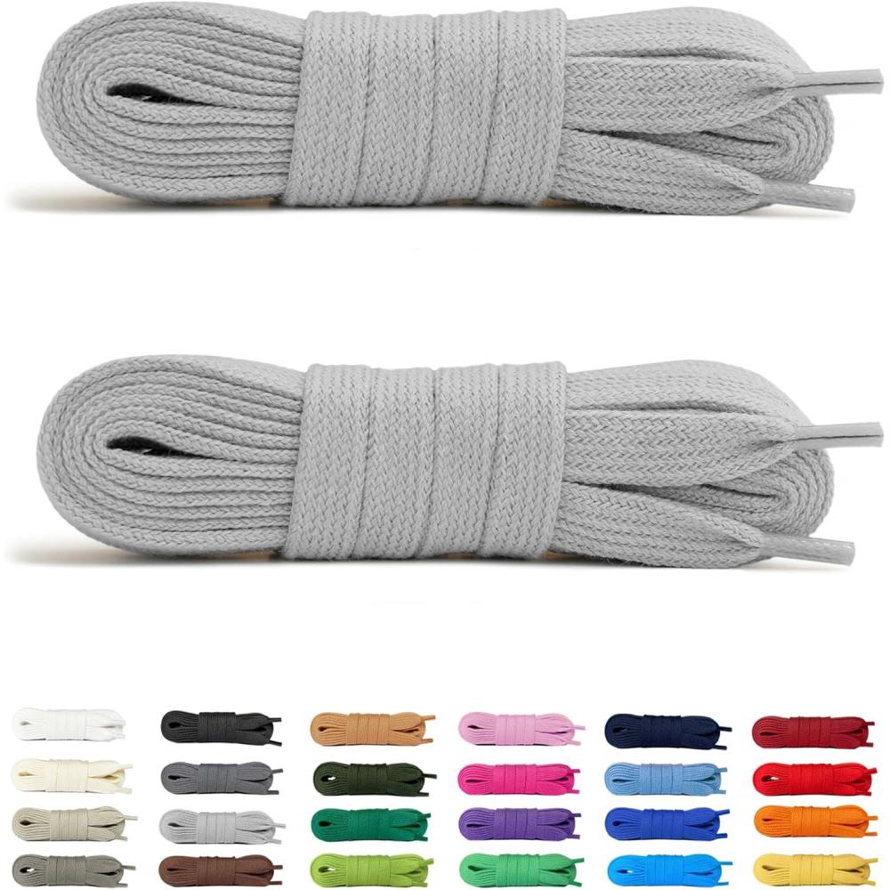 image:imageLaceter 2 Paires de Lacets Plats en Coton 8mm pour Baskets Sneakers Chaussures de Sport ou Ville Confortables Solides Rsistants Pour Homme Femme Enfant2 Paires Gris Clair X 2