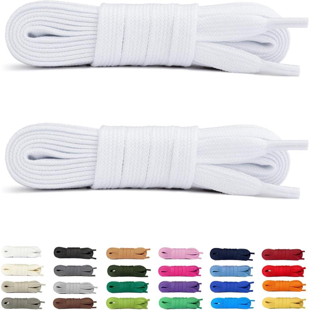 image:imageLaceter 2 Paires de Lacets Plats en Coton 8mm pour Baskets Sneakers Chaussures de Sport ou Ville Confortables Solides Rsistants Pour Homme Femme Enfant2 Paires Blanc X 2