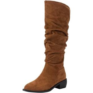 2026 Bottines pour femme en daim mi-mollet souple et talon épais Bout fermé(Marron)