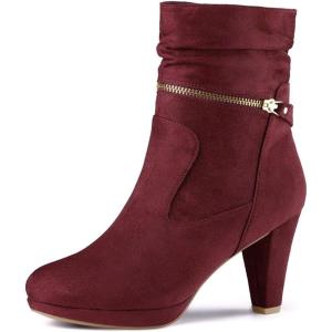 Allegra K Femmes Cheville Zip Plate-Forme Talon Haut Mi-Mollet Bottes(Bourgogne)