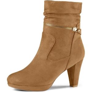 Allegra K Femmes Cheville Zip Plate-Forme Talon Haut Mi-Mollet Bottes(Brun)