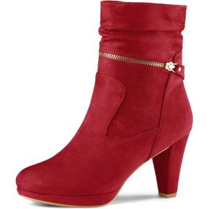 Allegra K Femmes Cheville Zip Plate-Forme Talon Haut Mi-Mollet Bottes(Rouge)