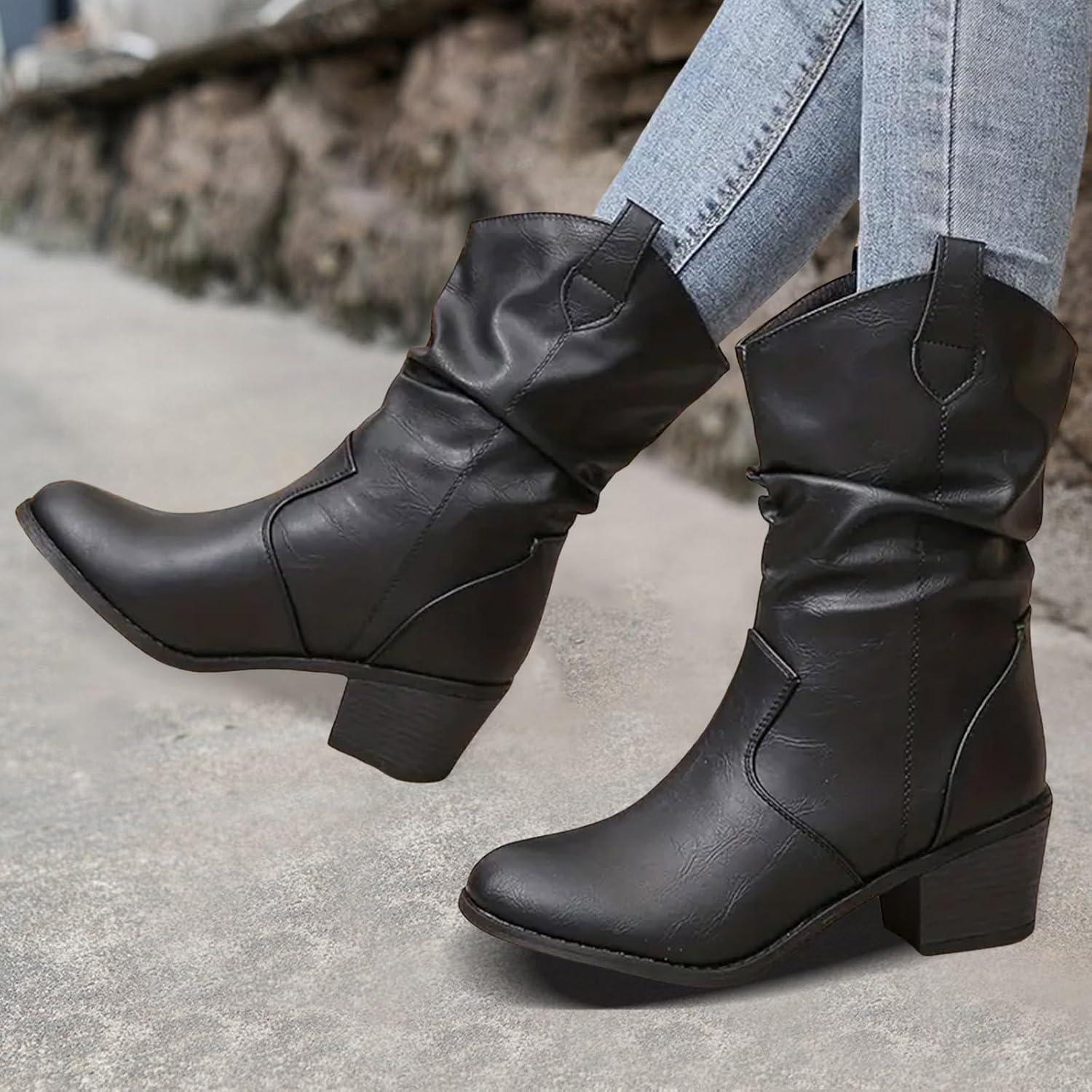 image:imageBottes pour femme Bottes de cowboy britanniques pour femme En cuir synthtique Bottines de cowgirl marron Bottines de cowboy mimollet avec talon bas pais et bout rond Style moto Noir