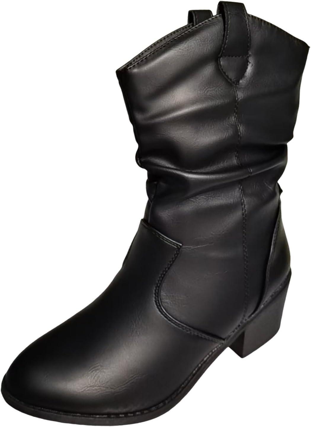 image:imageBottes pour femme Bottes de cowboy britanniques pour femme En cuir synthtique Bottines de cowgirl marron Bottines de cowboy mimollet avec talon bas pais et bout rond Style moto Noir