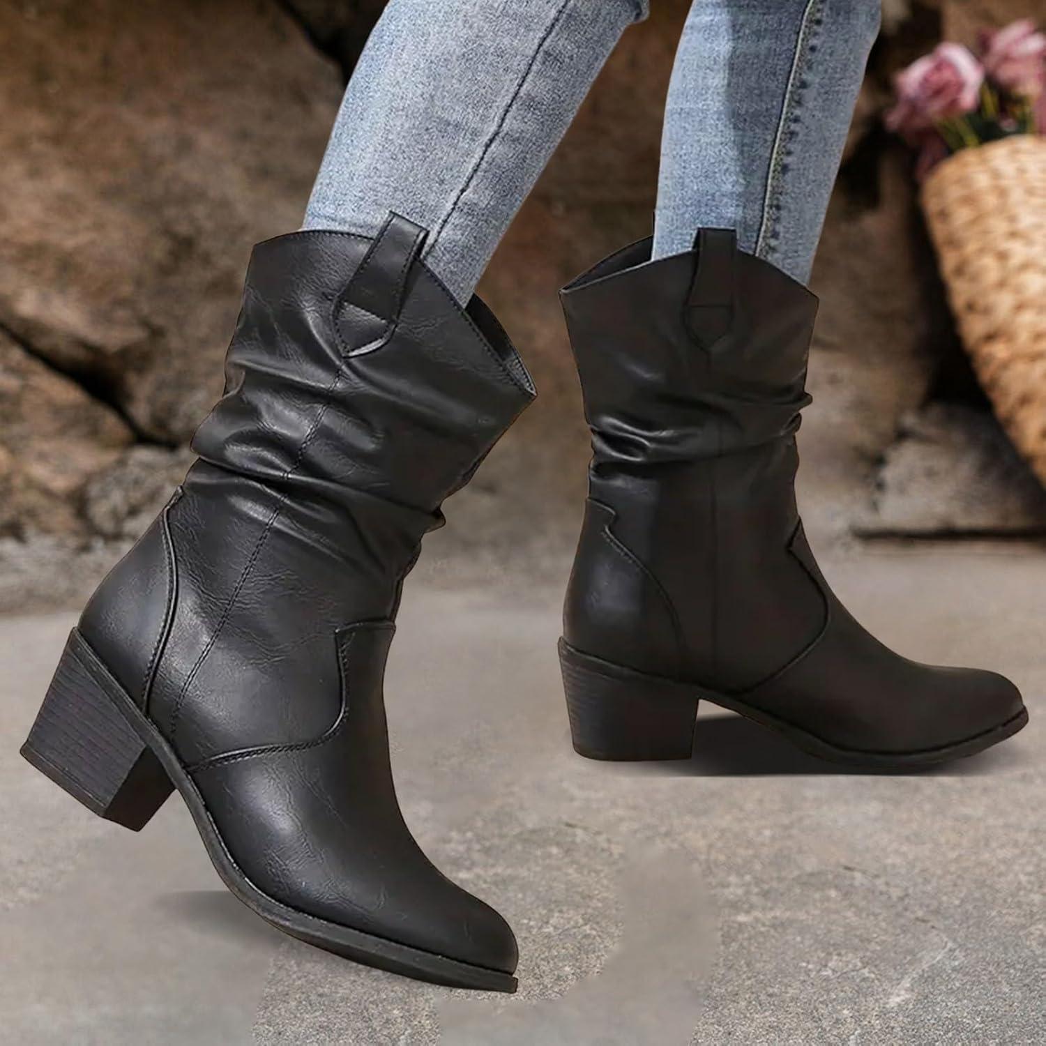 image:imageBottes pour femme Bottes de cowboy britanniques pour femme En cuir synthtique Bottines de cowgirl marron Bottines de cowboy mimollet avec talon bas pais et bout rond Style moto Noir