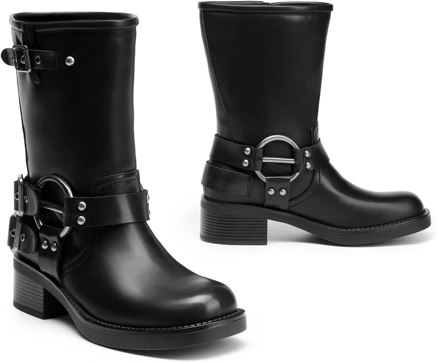 image:imageDREAM PAIRS Bottes MiMollet pour Femmes Bottes Boucle Tendance Bottines de Moto Pratique SDMB2405WNoir