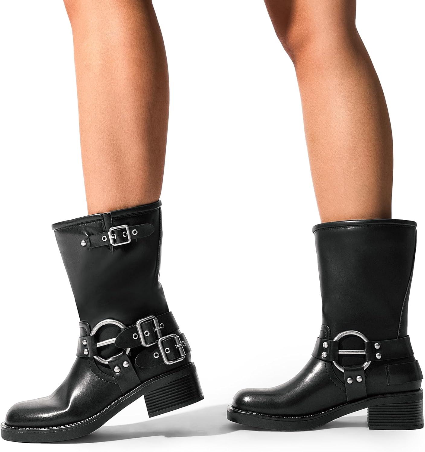 image:imageDREAM PAIRS Bottes MiMollet pour Femmes Bottes Boucle Tendance Bottines de Moto Pratique SDMB2405WNoir
