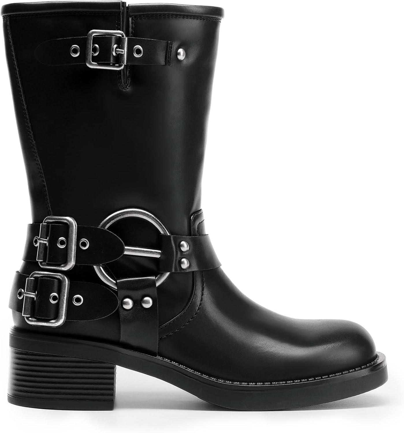 image:imageDREAM PAIRS Bottes MiMollet pour Femmes Bottes Boucle Tendance Bottines de Moto Pratique SDMB2405WNoir