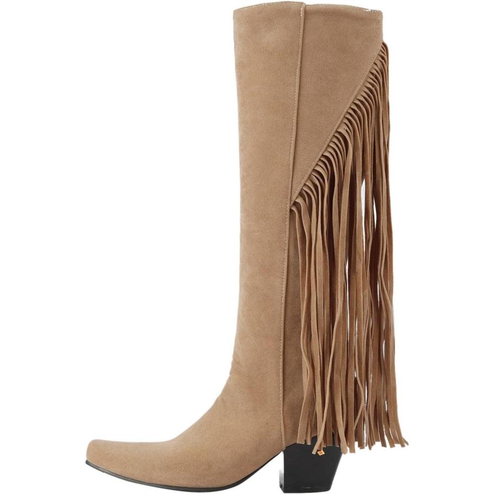 image:imageBottes MiMollets pour Femmes Classique Thermique Comfortable Botte Longues Antidrapante Dcontractes Bottines avec Pampille Automne et Hiver lgant Boot ChaussuresBeige