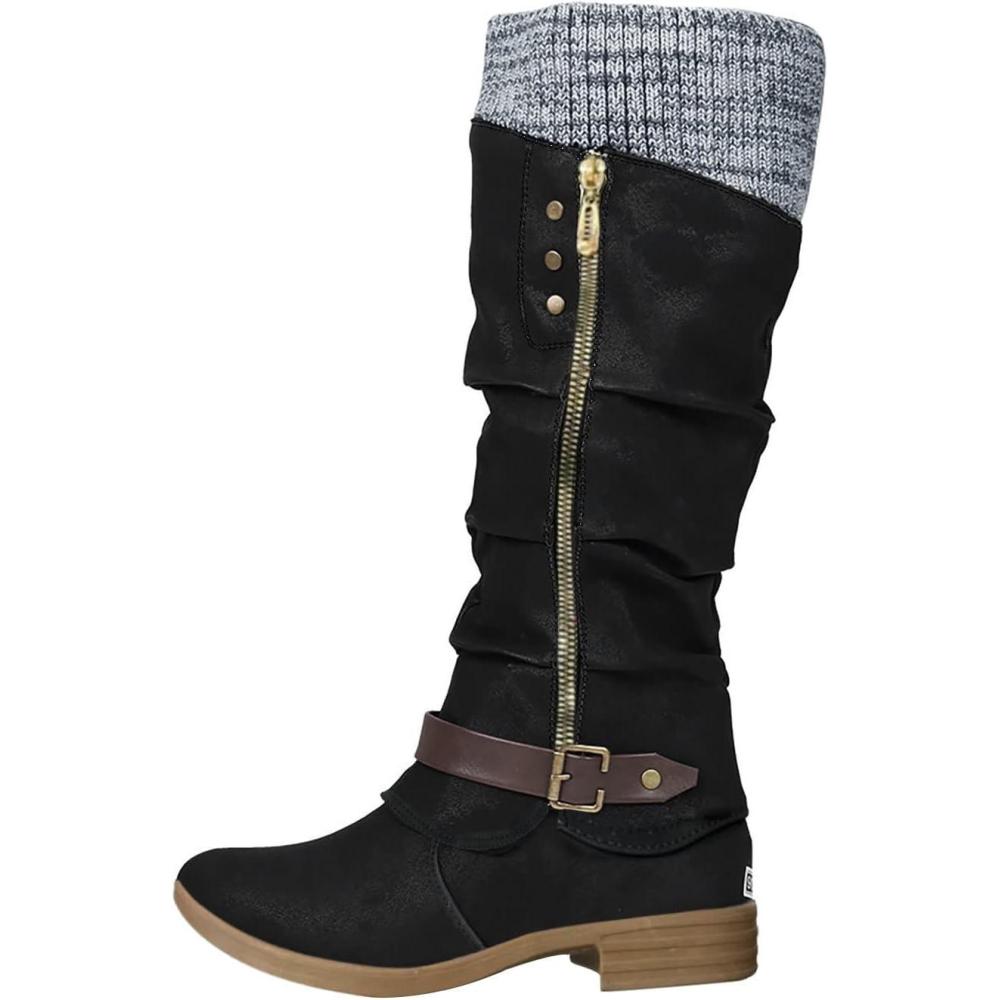 image:imageBottes de Neige Femme MiMollet Botte Antidrapantes Chaussures Hiver Chaussures de Randonne Daim Talon pais AntiSlip Bottes de Neige Enfiler Flat Casual Boots Doublure ChaudeNoir