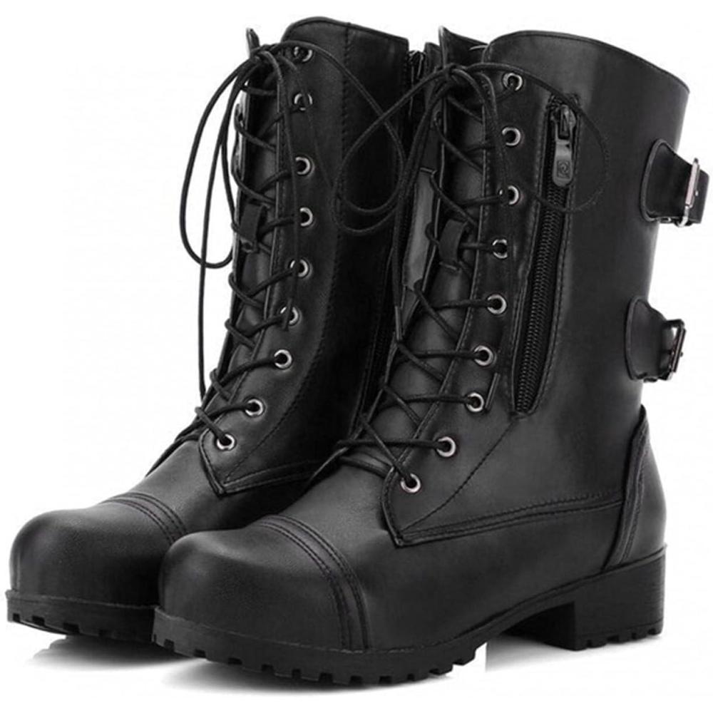 image:imageBottes de combat pour femme Bottes mimollet pour femme Bottines talon bas en cuir Bottes de combat plates militaires Bottines de combat classiques Couleur unie Fermeture clair latrale