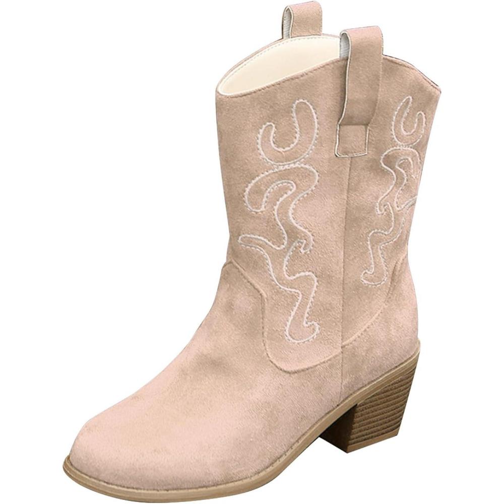 image:imageBottes de cowboy pour femme Bottines mimollet enfiler Talon pais Large Bottes de cowgirl occidentales enfiler Chaussures dhiver talon bloc Bottes dquitation pour femme Beige 1
