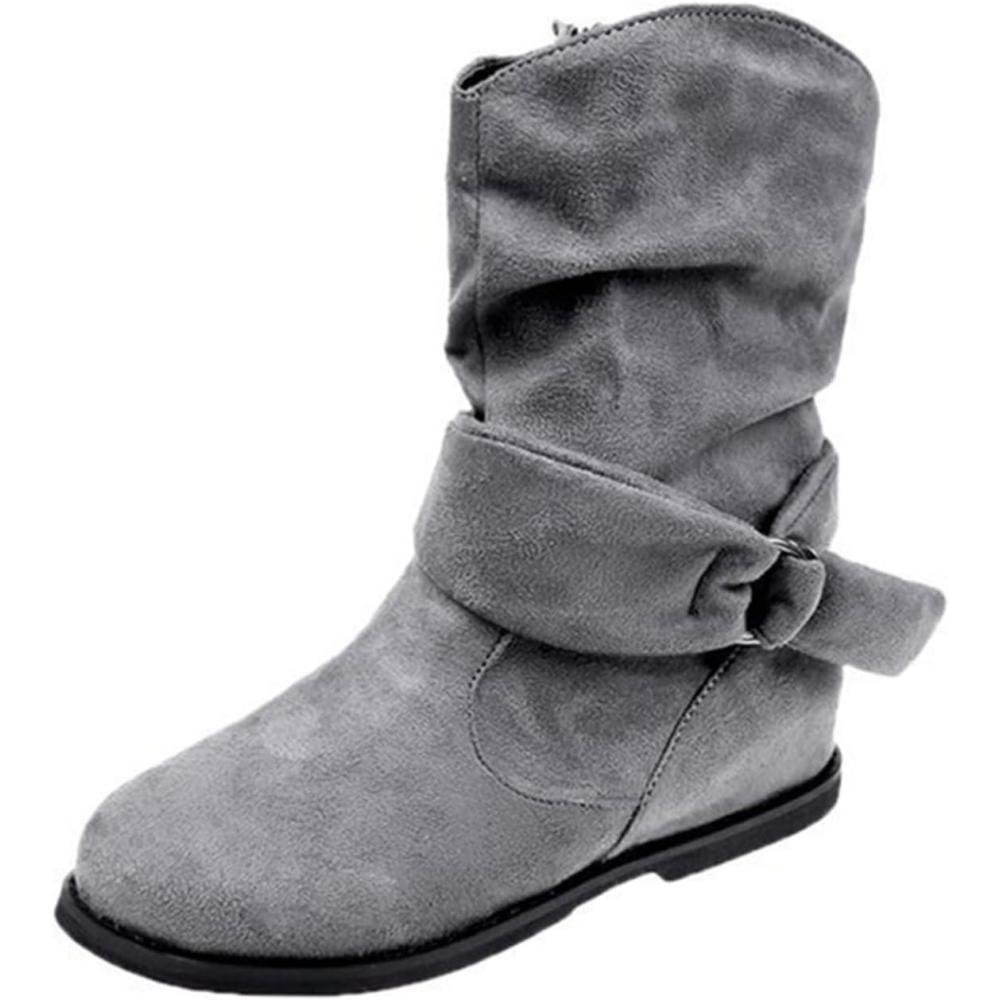 image:imageBottes de marche pour femme avec boucle mimollet Bottes de cowgirl occidentales bout rond Bottes plates et souples Faciles mettre et enlever Bottes dhiver thermiques confortables