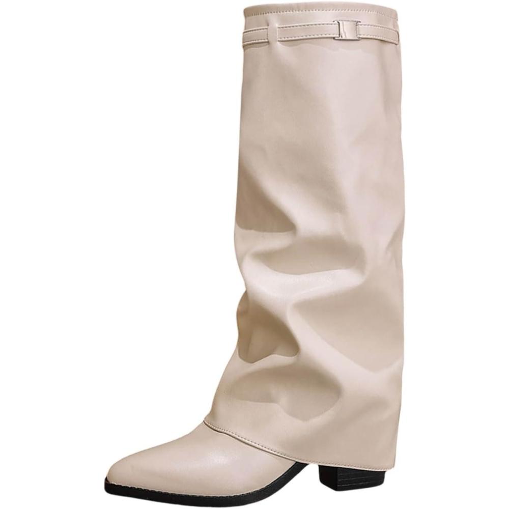 image:imageBottes mimollet pour femme Bout pointu Sangle boucle Confortables En cuir Pour tenues dcontractes Tendance de la mode automnehiverBlanc