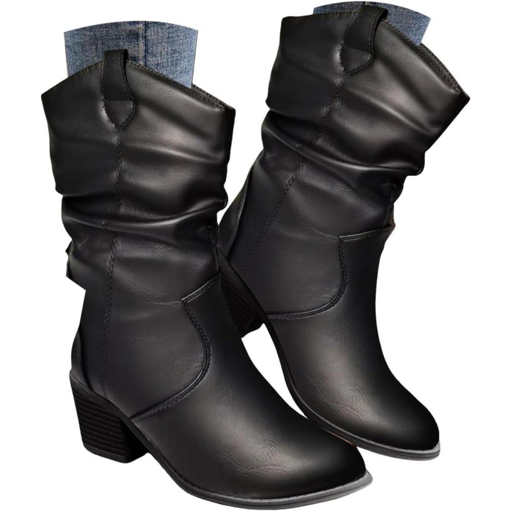 image:imageBottes pour femme Bottes de cowboy britanniques pour femme En cuir synthtique Bottines de cowgirl marron Bottines de cowboy mimollet avec talon bas pais et bout rond Style moto Noir
