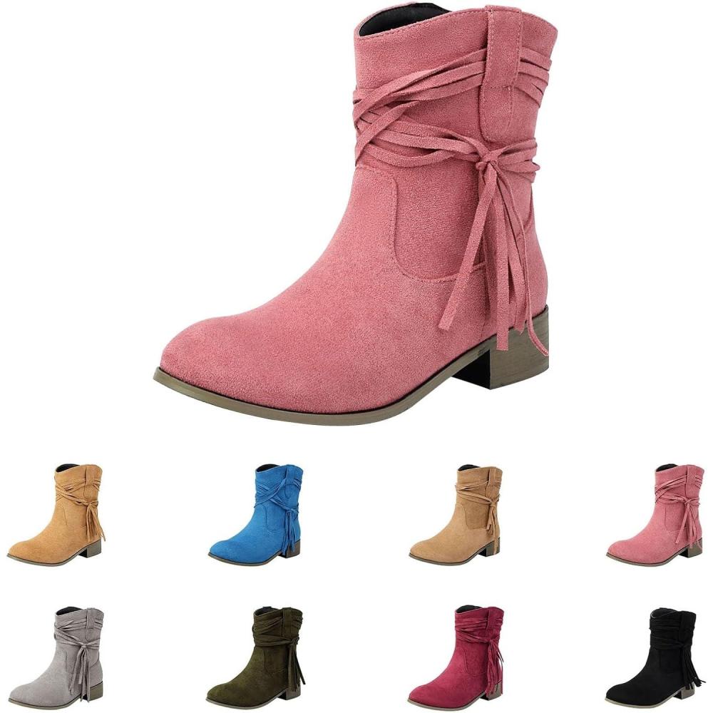 image:imageBottines larges en daim pour femme Bout rond Talon bas Chaussures mimollet confortables Chaussures de marche dhiver chaudes et dcontractes Lgres Bottes de cowgirl et cowboy rose 41