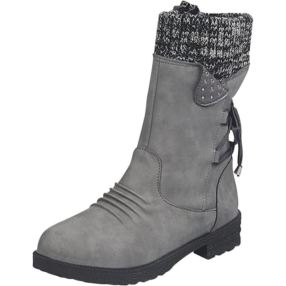 image:imageBottines mi Mollet Femme Cuir Classiques Confortables Botte Western Femmes pour lAutomne et de lhiver Vintage Bottes et Bottines Talons Chaussons LGRes AntidRapante Bottine Hipster Club Fte01 Gris