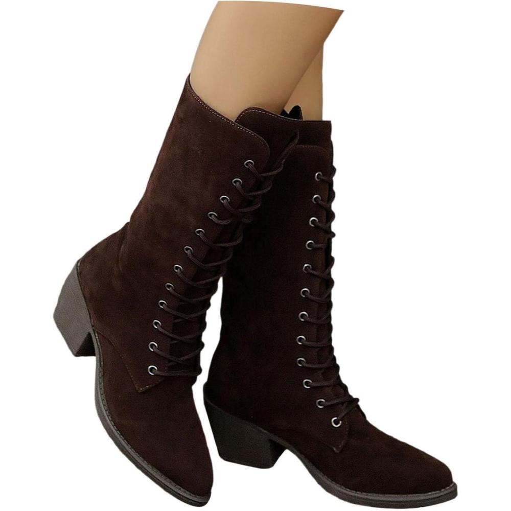 image:imageBottines victoriennes en daim pour femme lacets Avec talon bloc Vintage Bottes dhiver en daim confortables Bottines mimollet rtro Pour lextrieurO Marron
