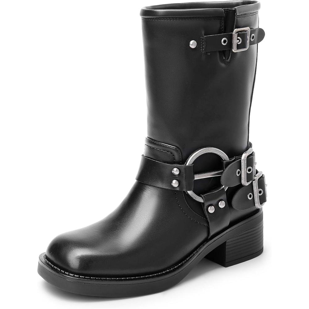 image:imageDREAM PAIRS Bottes MiMollet pour Femmes Bottes Boucle Tendance Bottines de Moto Pratique SDMB2405WNoir