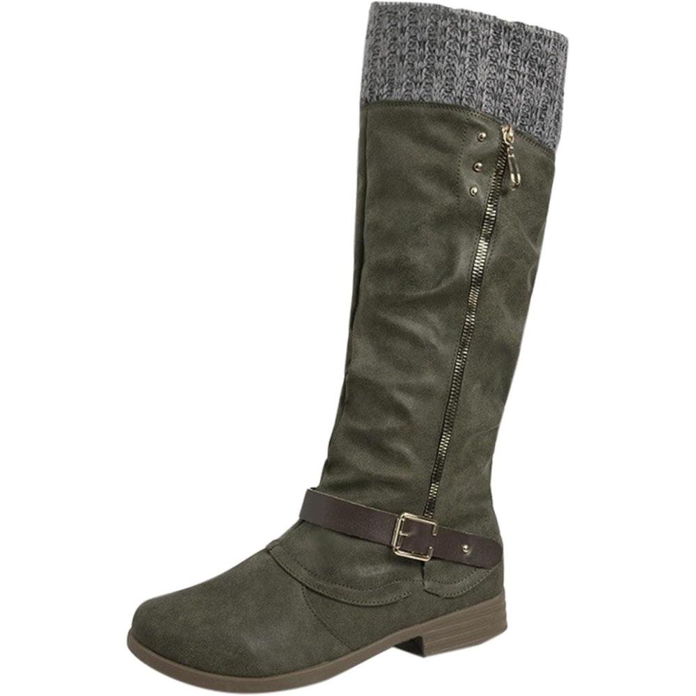 image:imageGnrique Bottine Pour Femmes Chaude Botte Impermable Cuir Chaussures Boots Dhiver Avec Fermeture Eclair MiMollet Avec Talon Large Bas Bottes De Pluie Chic Tendance Bottines De Neige ElgantesGreen
