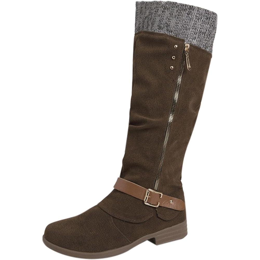 image:imageGnrique Bottine Pour Femmes Chaude Botte Impermable Cuir Chaussures Boots Dhiver Avec Fermeture Eclair MiMollet Avec Talon Large Bas Bottes De Pluie Chic Tendance Bottines De Neige ElgantesBrown