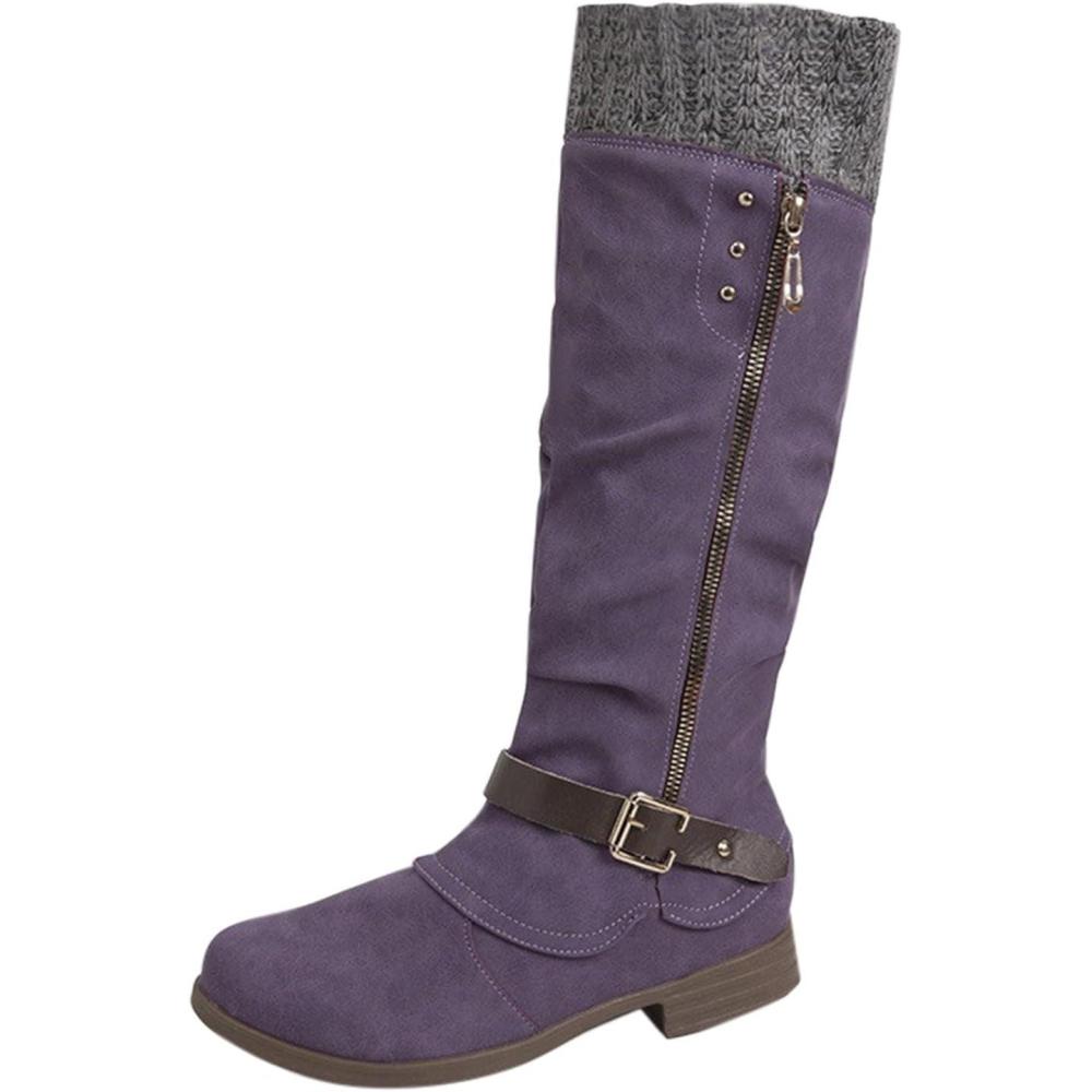image:imageGnrique Bottine Pour Femmes Chaude Botte Impermable Cuir Chaussures Boots Dhiver Avec Fermeture Eclair MiMollet Avec Talon Large Bas Bottes De Pluie Chic Tendance Bottines De Neige ElgantesPurple