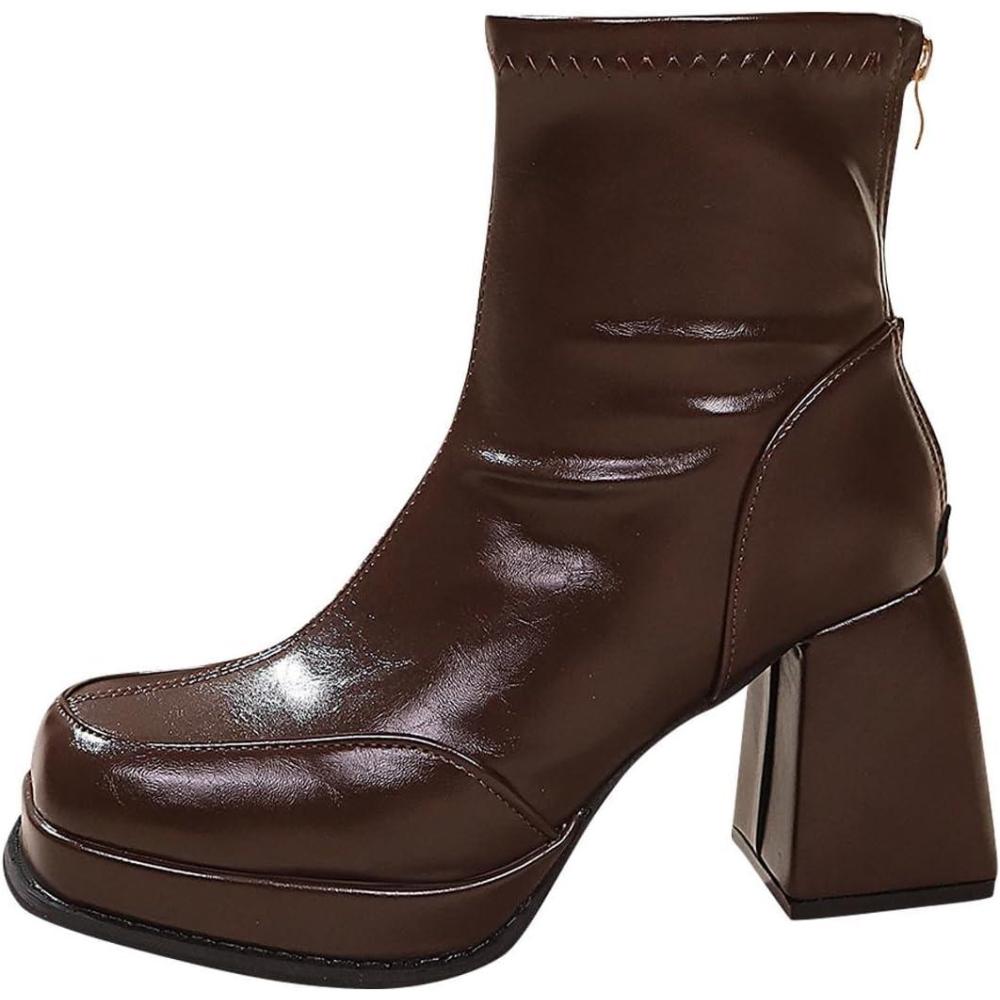 image:imageGnrique Bottines pour femmes MiMollet pais Talon Cuir Verni Femme Bottine Hiver Cowboy daim Dame Bottes Couleur unie Tige large Glossy Fashion Femmes Bottes Impermables Elgantes CasualBrun