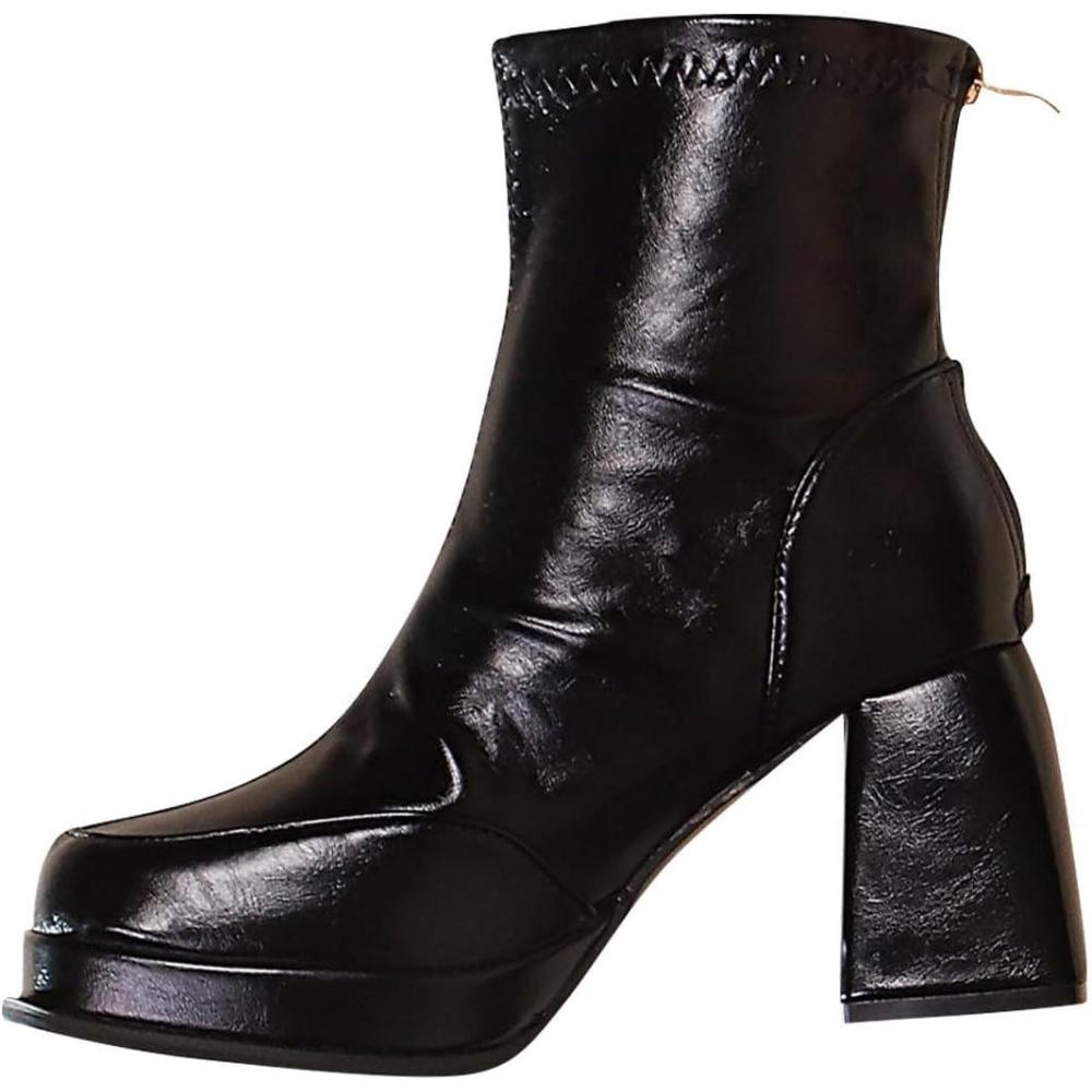 image:imageGnrique Bottines pour femmes MiMollet pais Talon Cuir Verni Femme Bottine Hiver Cowboy daim Dame Bottes Couleur unie Tige large Glossy Fashion Femmes Bottes Impermables Elgantes CasualLe Noir