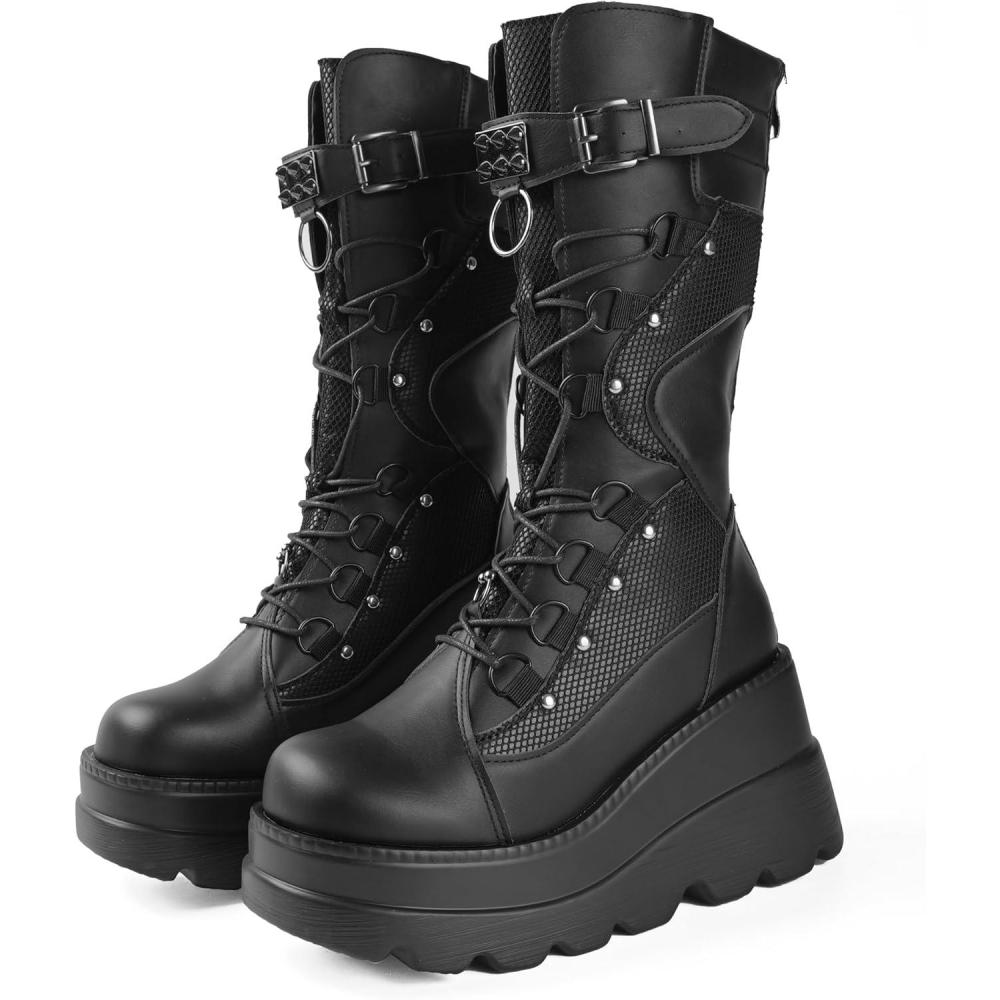 image:imageGothniero Women Black Platform Goth Boots Knee High Chunky Heel Gothic Boot Women Black Combat Motorcycle Booties Round Toe with Zip 3UK8UKBlack2