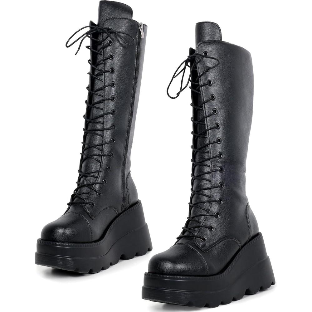 image:imageGothniero Women Black Platform Goth Boots Knee High Chunky Heel Gothic Boot Women Black Combat Motorcycle Booties Round Toe with Zip 3UK8UKBlack4