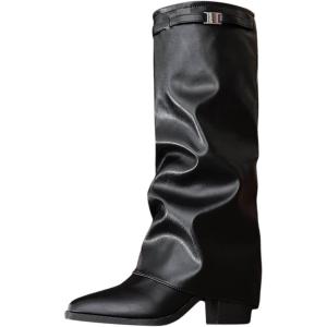 2025 Bottes pour femme mi-mollet pointu tendance avec sangle à boucle, bottines confortables en cuir pour tenue décontractée d&rsquo;hiver Chaussures noires à talon ouvert(Noir)