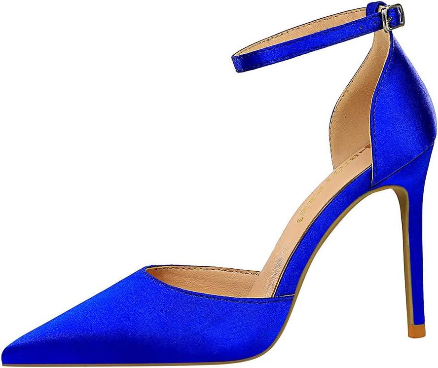 image:imageEscarpins Bout Pointu ferm pour Femmes 10 cm Talons Aiguilles Dames Bride la Cheville Sandale Talons Chaussures de fte de MariageBleu