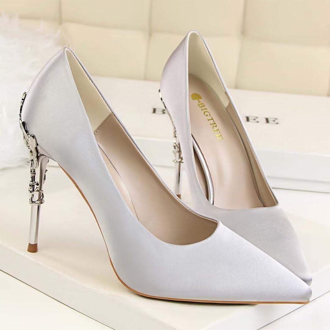 image:imageEscarpins en satin bout pointu pour femme 10 cm Gris argent 4