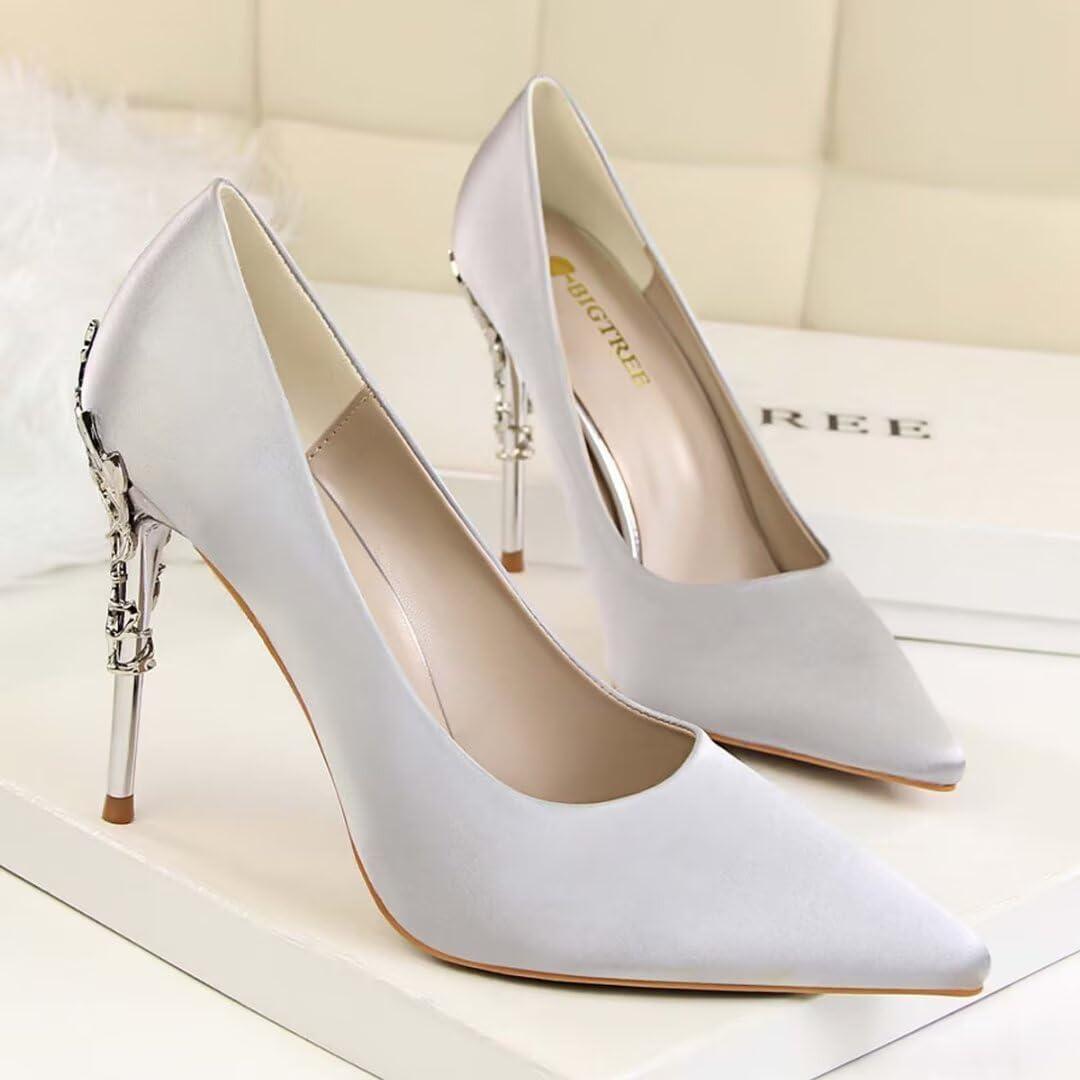 image:imageEscarpins en satin bout pointu pour femme 10 cm Gris argent 4