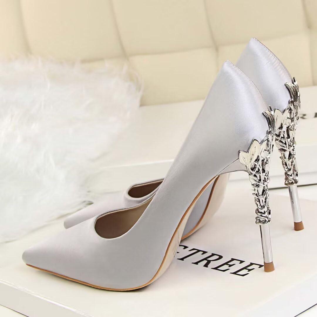 image:imageEscarpins en satin bout pointu pour femme 10 cm Gris argent 4