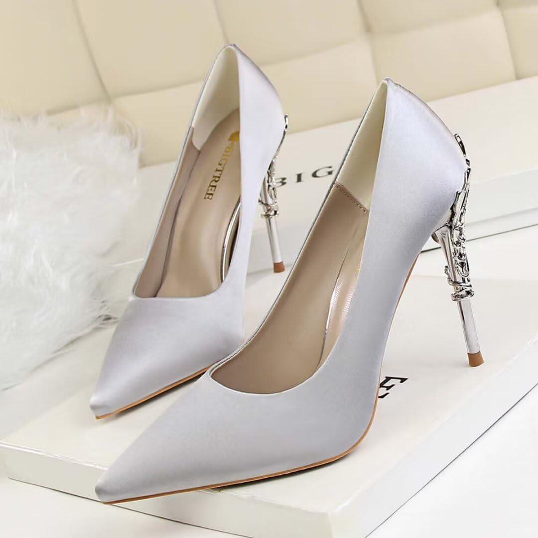 image:imageEscarpins en satin bout pointu pour femme 10 cm Gris argent 4