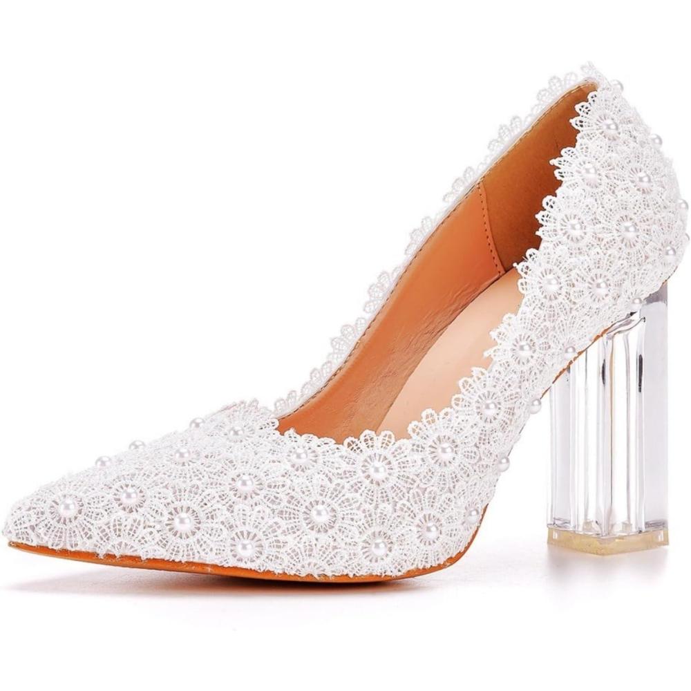 image:imageAmtopiyo Femmes Chic Broderie Perles Chaussures de Mariage Bout Pointu Talons EscarpinsBlanc